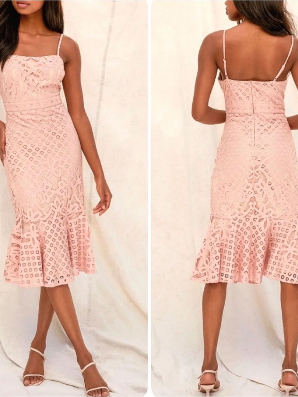 Lulu's Blush Pink Lace Midi Dress with Spaghetti Straps